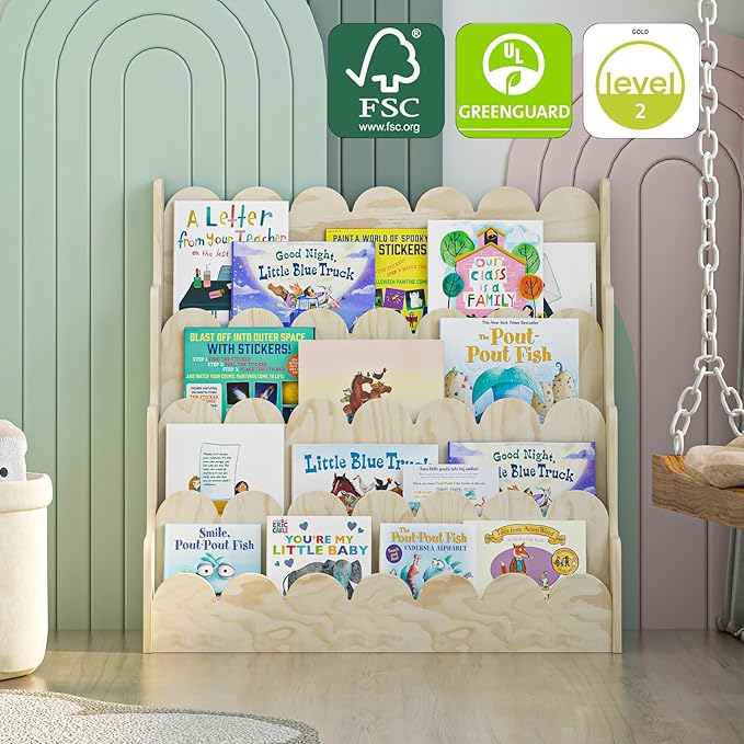 NACHES Wood Kids Bookshelf Scalloped Montessori Toddler Nursery Bookcase Baby Book Magazine Display Shelf 4 Tier Front Facing Children Book Rack Toy Organizer Girl Boy Bedroom Classroom Playroom
