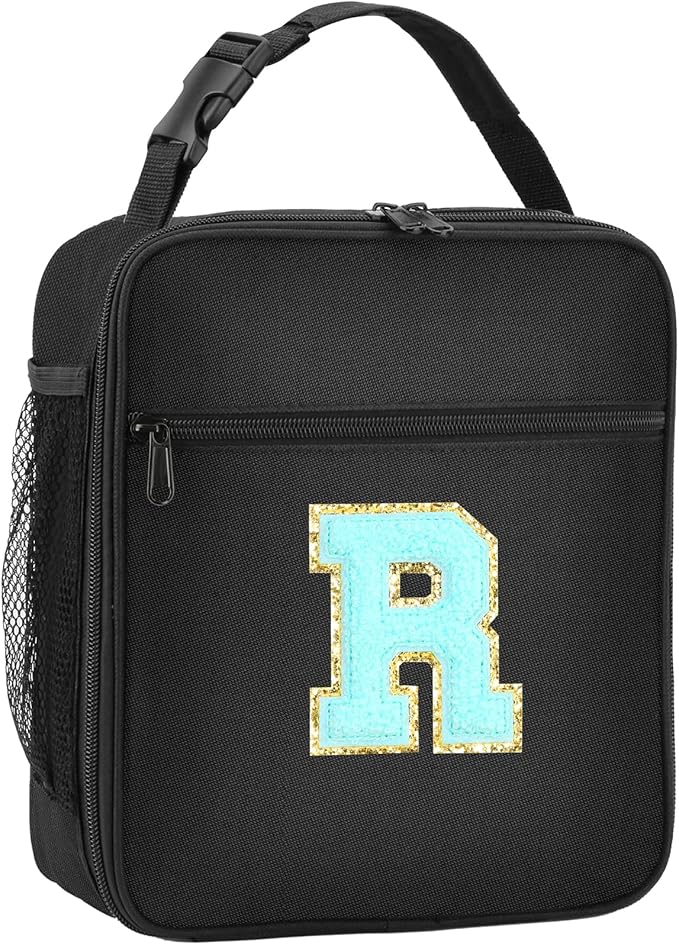 Initial Insulated Lunch Bag, Lunch Box with Initial Letter Patch for Teen Adult, Reusable Lunch Bag for Men Women, Ideal Back to School Gift Birthday Gift, Blue R