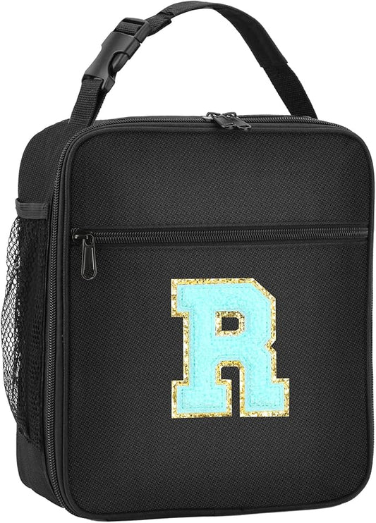 Initial Insulated Lunch Bag, Lunch Box with Initial Letter Patch for Teen Adult, Reusable Lunch Bag for Men Women, Ideal Back to School Gift Birthday Gift, Blue R