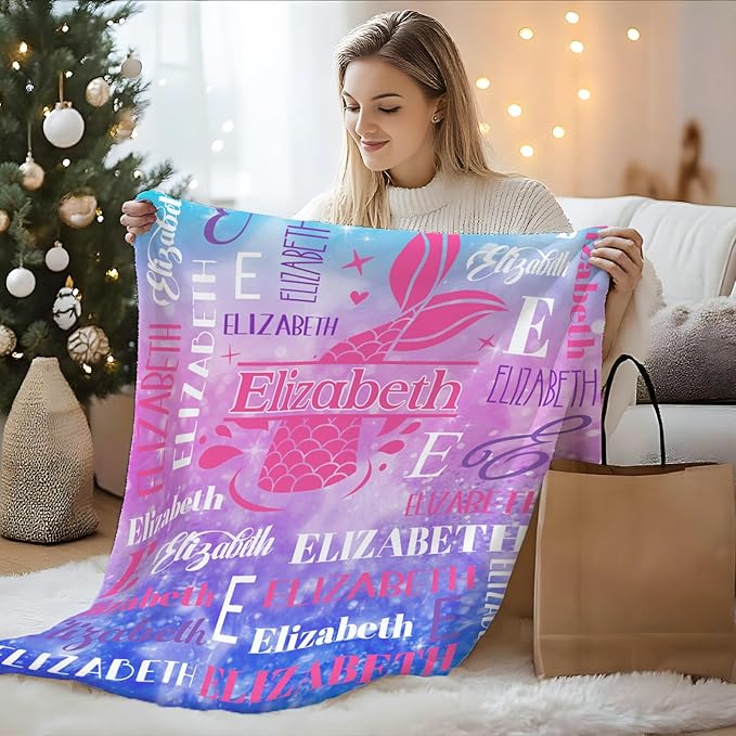 Mermaid Gifts, Personalized Girls Throw Blanket with Name for Kids 4-6, Custom Monogram Blankets for Daughter Niece Toddler, Mermaid Stuff Themed Throws for Cars Travel Camping Party Decor
