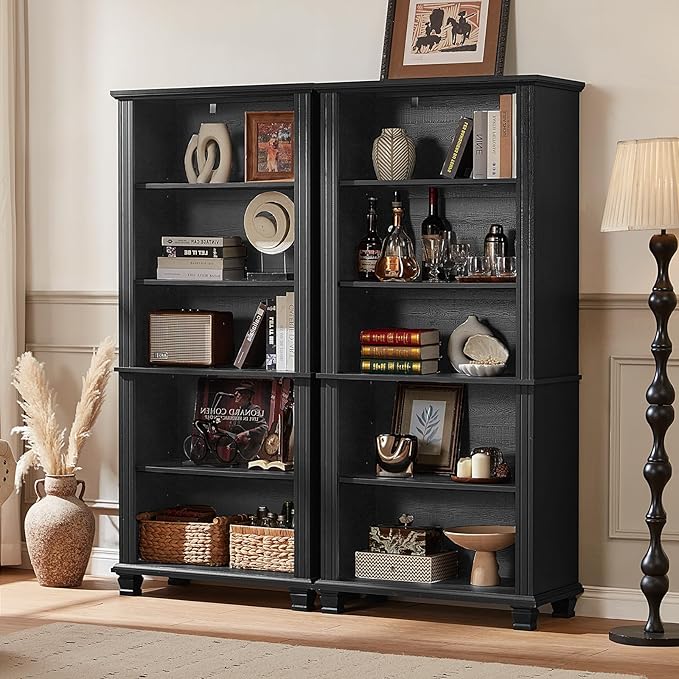 70" Tall Black Bookshelf,5 Tier Wooden Book Shelf with Adjustable Shelves & Wood Legs,Free Standing Farmhouse Bookcase with Open Display Storage,Vintage Bookshelves for Living Room,Office