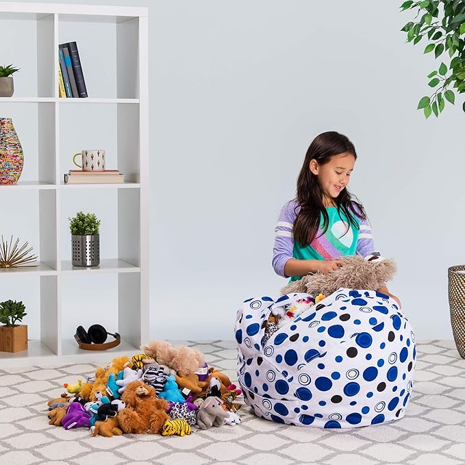 Posh Stuffable Kids Stuffed Animal Storage Bean Bag Chair Cover - Childrens Toy Organizer, Medium 27" - Canvas Bubbles Blue and White