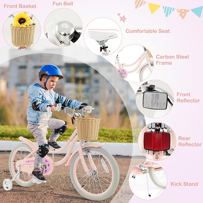 BABY JOY Kids Bike, 14 16 18 Inch Retro Kids Bicycles for 3-8 Years Old Children with Training Wheels, Adjustable Height, Rattan Basket, Handbrake & Coaster Brake, Boys Girls Bike (Pink, Green, Blue)