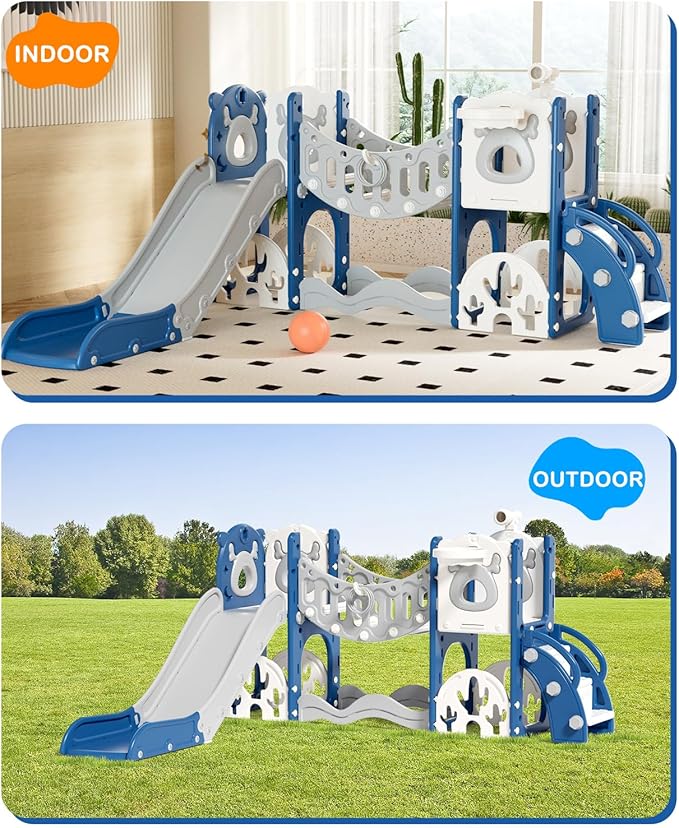 XJD Toddler Slide,11 in 1 Kids Slide for Toddlers 1-3, Toddler Climbing Toys,New Upgrade with Golf Set, Basketball Hoop for Indoor Outdoor Playset (Blue)