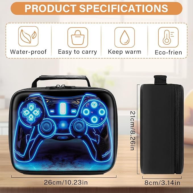 Gamer Lunch Box for Boys,Leather Boys Lunch Bag for Kids,Gamer Gifts for Kids,Insulated Video Game Lunchbox,Reusable Portable Lunchbox for School Travel Picnic Hiking Beach