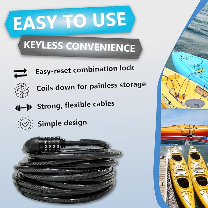 Lumintrail Long Coiled Bike Cable Lock 3/8 Inch 25ft. (4, 6, 10, 15, 20, 25, 30ft), Weatherproof Locks for Kayak, Bike, Scooter, Paddleboard, Resettable Combination Lock Anti Theft Protection