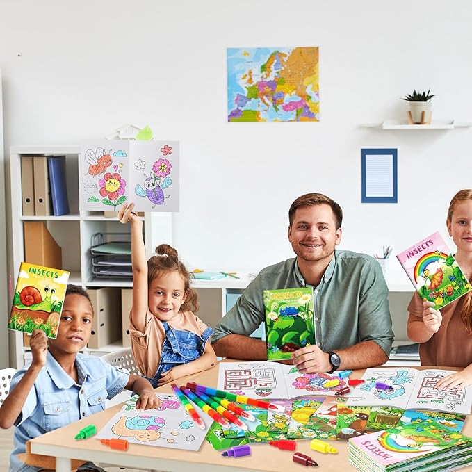 BenLouis 12 Insects Mini Coloring Books Kids with 12 Stacking Crayons Spring Bugs Party Favors Small Activity Books Bulk for Kids Butterfly Bee Party Gift Goodie Bag Stuffers