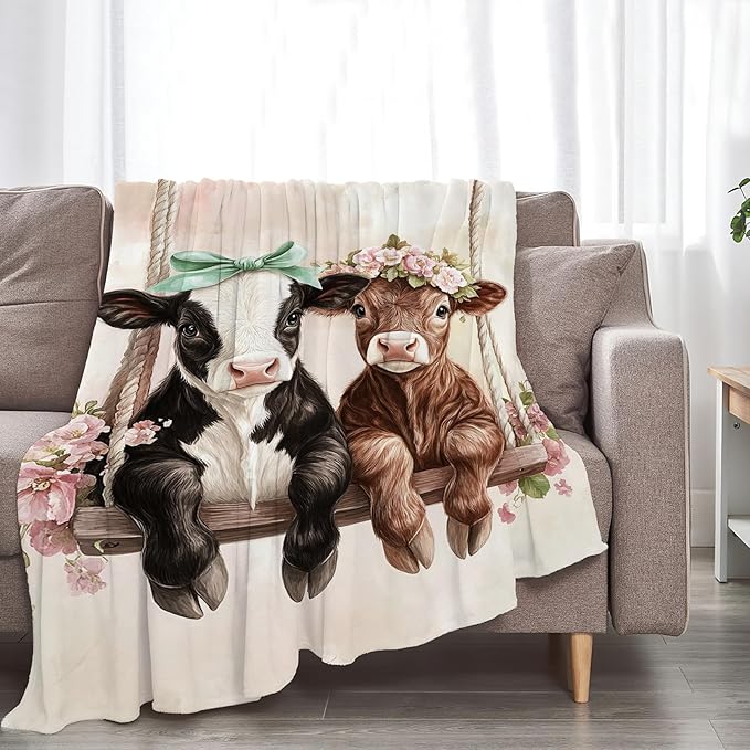 Cute Ultra Soft Cozy Swing Blanket - Fleece Fuzzy Plush Cattle Cow Lovers Decor Gifts for Women Girls Adults - 60"x50"