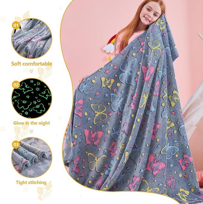 QSTEHEML Butterfly Glow in The Dark Blanket,Butterfly Gifts Toys for Kids Girls Age 3-12 Years Old, Birthday, for Daughter, Toddler, Teen, and Grandkids Soft Throw 50"×60"