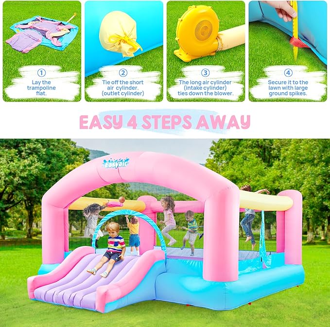 Large Bounce House for Big Kids, 14.8 x 14.5 FT Inflatable Bouncer Jumper Slide with 650W Blower, Basketball Hoop, Throw Ball Game, Ball Pits (Pink, 177" L x 174" W x 94" H)