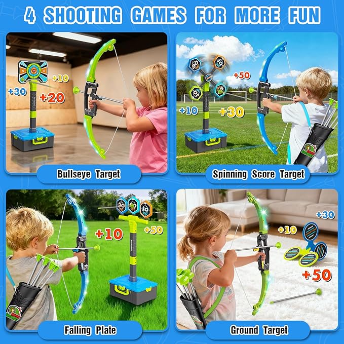 2 Pack Bow and Arrow Toy for kids 5 6 7 8 9 10,LED Light-Up Bows Archery Set with 12 Suction Cup Arrows, 4 Fun Targets ,2 Quivers & Storage Box ,Indoor Outdoor Sport Game Gifts for Boys Girls 4-8 8-12