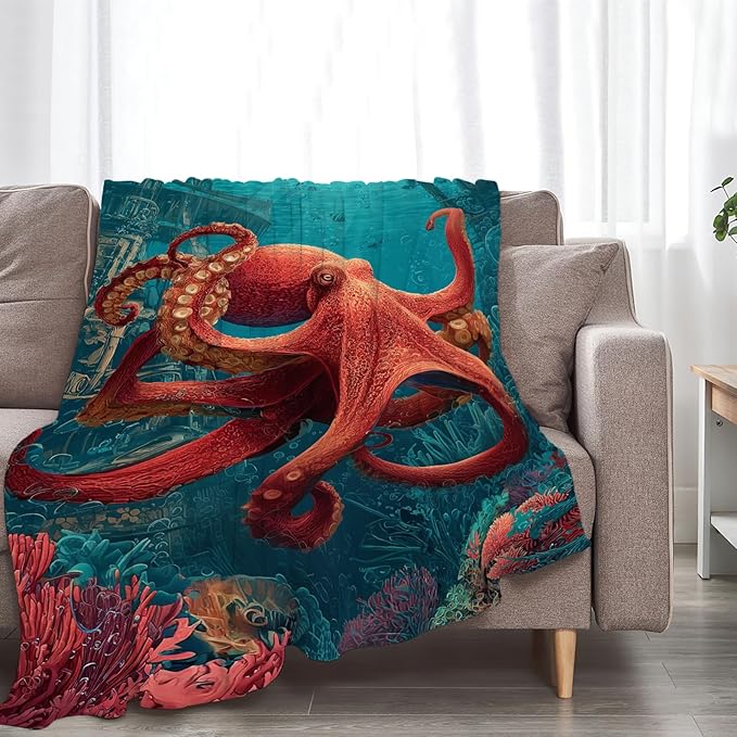 Ocean Octopus Blanket Coral Marine Life Animal Throw Blankets Gifts for Girls Boys Kids Octopus Lover Soft Cozy Fleece Plush for Couch Sofa Bed 80"x60"