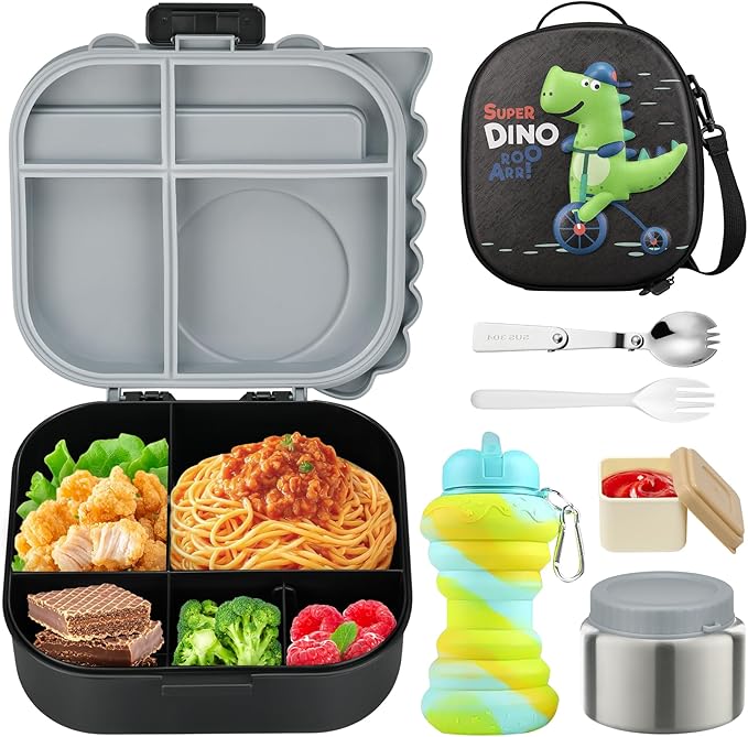 Dinosaur Lunch Box for Kids with Secret Compartment | 4 Compartments Bento Box + 12oz Insulated Food Jar | Leak-Proof Sauce Cup & Collapsible Spoon | BPA-Free, Dishwasher Safe(Grey-01)