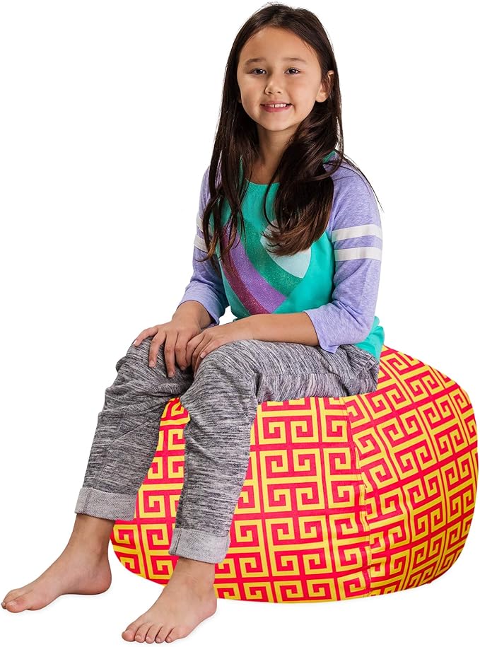 Posh Stuffable Kids Stuffed Animal Storage Bean Bag Chair Cover - Childrens Toy Organizer, Medium 27" - Pattern Scrolls Red and Yellow