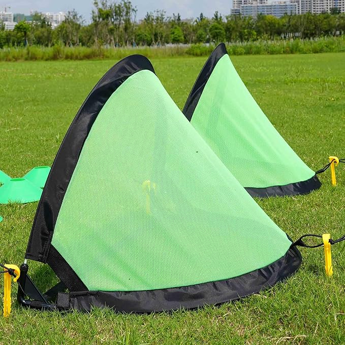 Poray Soccer Goal for Kid Easy-up Set of Two Portable Soccer Net 210D Oxford with 8 Field Marker Cones Extra Stakes Fun for Backyard and Soccer Training