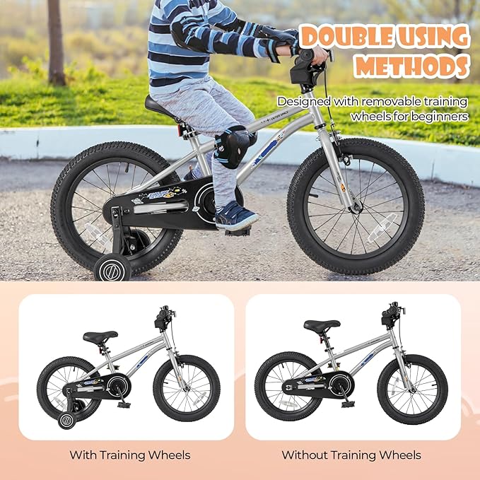 BABY JOY Outer Space Kids Bike, 14 16 18 Inch Sport Bicycle for 3-8 Years Old w/Adjustable Saddle, Training Wheels, Widened Tyre, Handbrake & Coaster Brake, 95% Pre-Assembled Girls Boys Bike