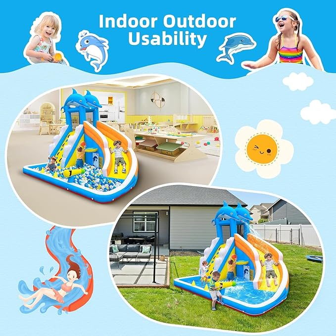 TOAOB Inflatable Water Slide,5 in 1 Dolphin Inflatable Bounce House for Kids- Climbing Wall Splash Pool Water Cannon Basketball Rim - 480W Blower - for Indoor Outdoor Backyard Birthday Party