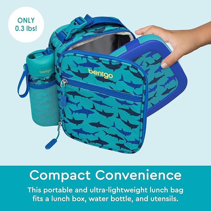 Bentgo® Kids Insulated Lunch Tote - Water-Resistant, Reusable, Lightweight & Durable Lunch Bag with Water Bottle Holder & Mesh Pocket, Fits Lunch Box & Water Bottle - Ideal for Ages 3+ (Sharks)