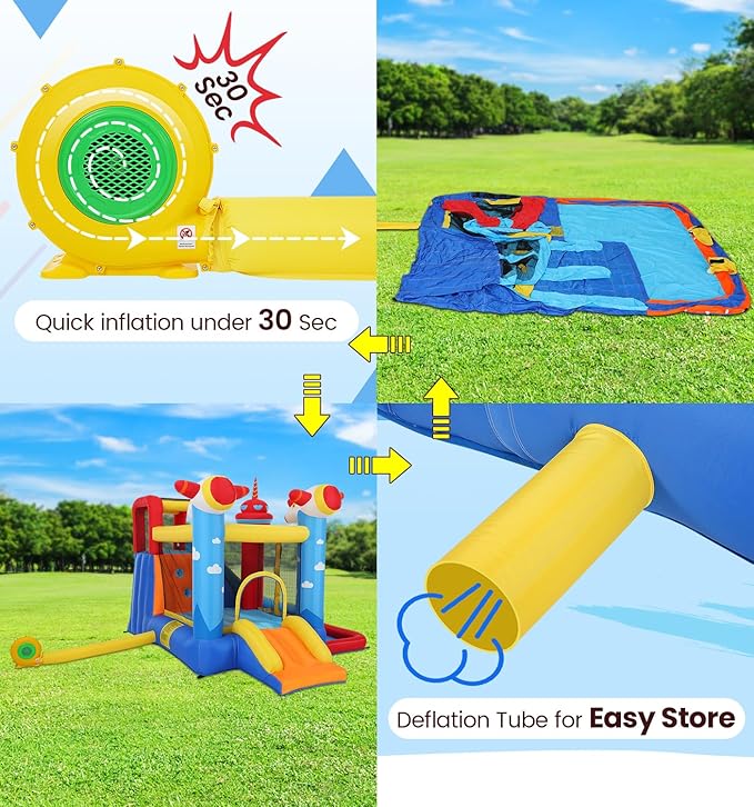Inflatable Bounce House Water Slide, 7-in-1 Bouncy Castle Combo Water Pool & Bouncing Area & Slides & Basketball Game & Dart Game, Jump House for Kids Aged 3-10 w/Storage Bag, Orange