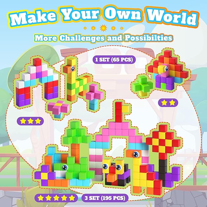 65 PCS Magnetic Blocks Set, 1" Magnet Building Blocks with Toy Eyes and Storage Bag for Kids Gifts, STEM Educational Preschool Sensory Toys for Toddlers Boys Girls Ages 3 4 5 6 7 8 + (Bright Color)