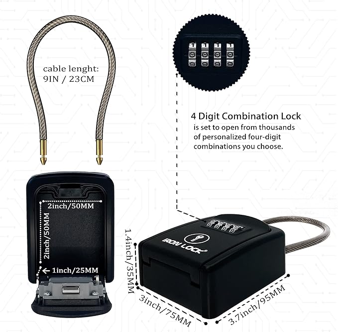 Iron Lock® Portable Key Lock Box with Removable Cable Shackle Indoor Outdoor Waterproof 4 Digit Combo Resettable Code with A B Switch Key Lockbox for Outside Spare Keys for Realtors (Small, Black)