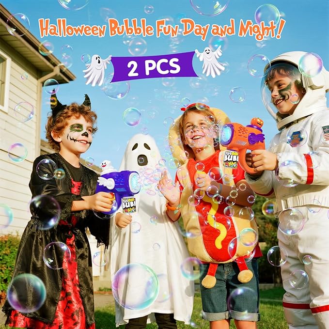 Halloween Bubble Gun Toys for Kids - 2 Light-Up Ghost & Pumpkin Bubble Machine with 10 Refill Packs - Fun Party Favors Trick or Treat Toy Boo Basket Stuffers for Kids Boys Girls