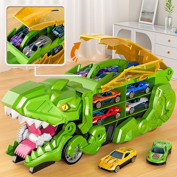 Toddler Truck Toys for 3 4 5 6 Years Old Boys, Toys Cars Track Set Dinosaur Transporter Truck with 10 Die-Cast Car Toys, Toddler Car Toys Gift Set for Kids Boys Girls