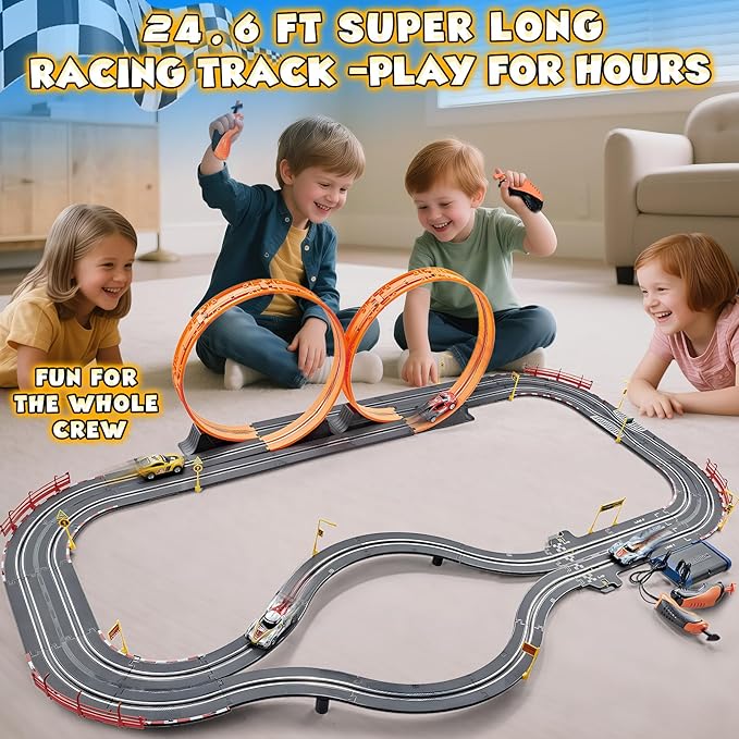 Slot Car Race Track Sets,2 in 1 Race Car Track with 4 High-Speed Slot Cars，Gift Toy for Boys Kids Ages 5 6 7 8-12,Dual Power (Source) Cars Track,Dual Racing Game Lap Counter Circular Overpass Track