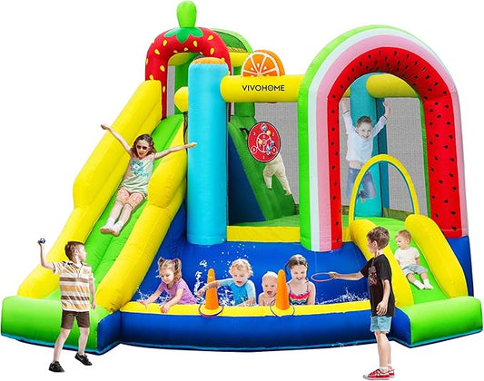VIVOHOME 7 in 1 Bounce House for Kids, Fruit Theme Inflatable Bouncy Castle with Slide, 12x12 FT Inflated Bouncer for Outdoor with Blower, Basketball, Climb, Jump Area, Ball, Water Pool, Hoop