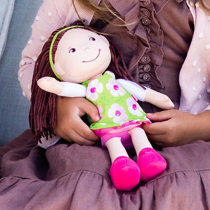 HABA Coco 12" Soft Baby Doll with Brown Hair, Embroidered Face, Removable Green Dress, Matching Headband - Machine Washable Toddler Doll - 18 Months+