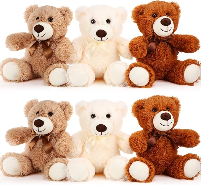 HyDren 6 Pcs Bear Stuffed Animal Plush Toys Soft Plush Dolls Bear Sleeping and Playing Toys for Baby Shower Decoration Boy(Long Plush,White, Brown, Beige)