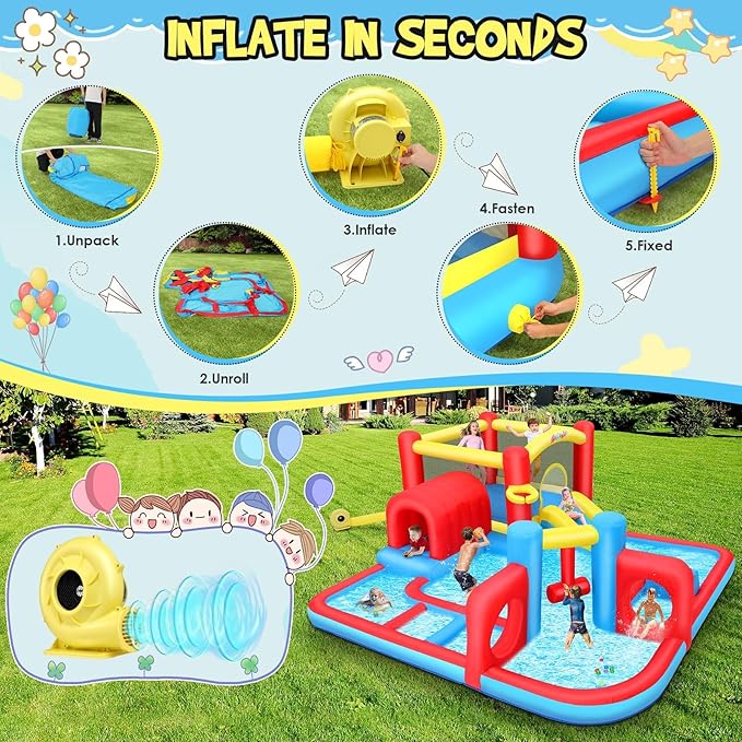 AKEYDIY Bounce House for Kids 3-10,Tunnel Obstacle, Dual Slides- Inflatable Obstacle Course Bounce House,Adventure Maze Inflatable Water Slides Park for Kids Indoor Backyard