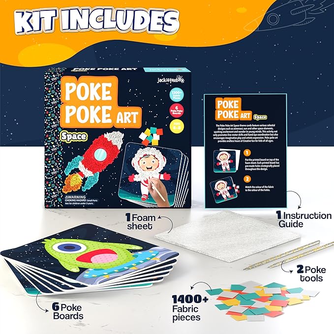 jackinthebox Poke Poke Art for Kids – Space Theme, Mess-Free Fabric Art and Craft, Flower Pressing Kits, Gift for Kids, Toys for Girls and Boys Ages 4 5 6 7 8