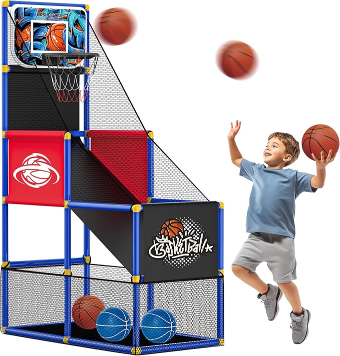 Adjustable Basketball Hoop for Kids Toddler Ages 3-8, Side-Mount & Top-Mount, Indoor Outdoor Carnival Games Competitions, Gift Boys & Girls Beg for, Rain or Shine, The Game Never Stops