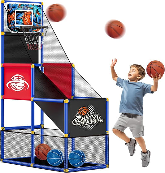 Adjustable Basketball Hoop for Kids Toddler Ages 3-8, Side-Mount & Top-Mount, Indoor Outdoor Carnival Games Competitions, Gift Boys & Girls Beg for, Rain or Shine, The Game Never Stops