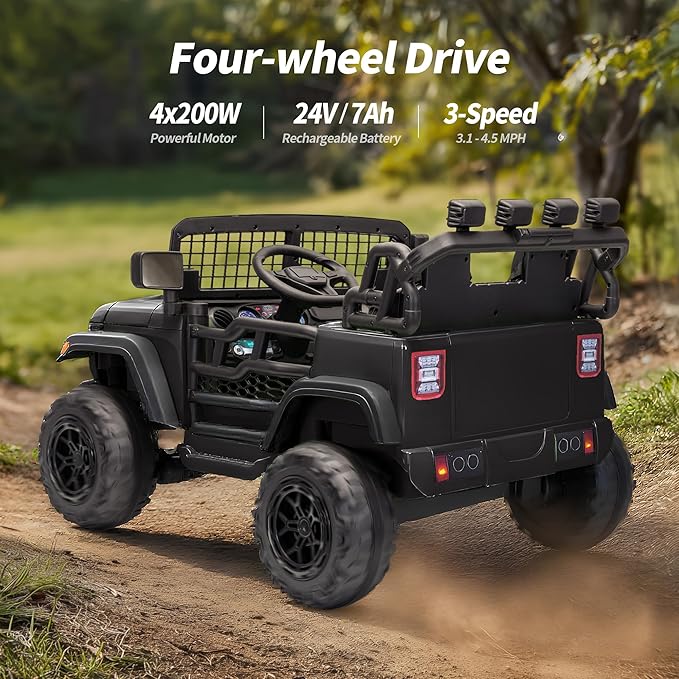 2 Seater Ride on Car Toy, 24V 4WD Electric Car for Kids 4-8 with Remote Control, 4x200W Motors, Capacity 110 lb - Black