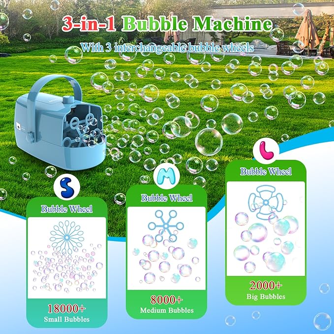 Bubble Machine, 3-in-1 Bubble Maker, Automatic Bubble Blower with 3 Bubble Wands, 8000+ Colorful Bubbles for Kids Toddlers, Operated by Plug-in or Batteries for Indoor Outdoor Birthday Party