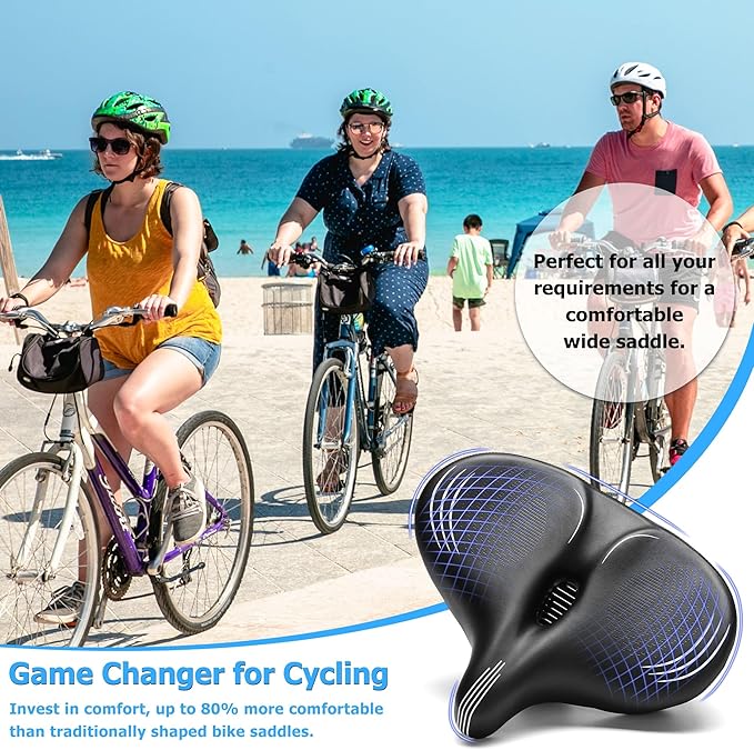 Oversized Bike Seat for Men & Women Comfort, Extra Wide Bicycle Seat Cushion, Comfortable Wing Padded, Large Replacement Saddle for Peloton, Stationary Exercise Bike, Ebike, Cruiser, City Bike