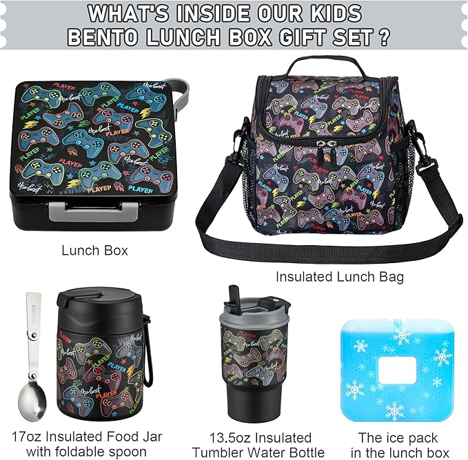 Bento Lunch Box for Kids with 17oz Soup Thermo,Insulated Tumbler Water Bottle and Insulated Lunch Bag,Leak-Proof 3 Compartment Lunch Food Container with Ice Pack for Kids to School-Game Console