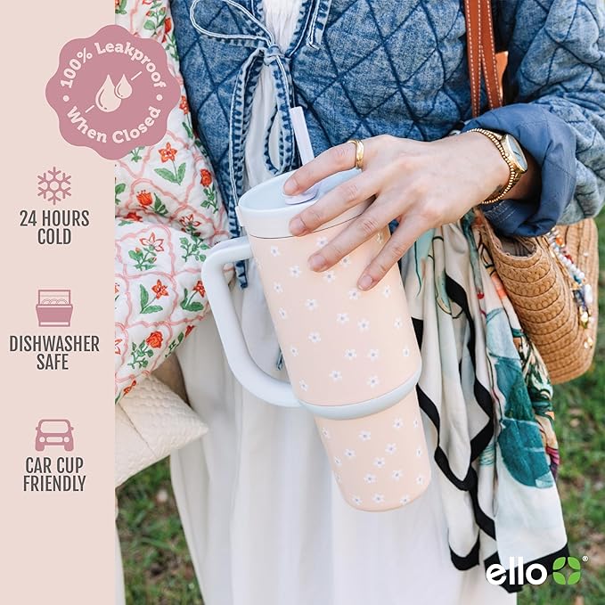 Ello Oasis 24oz Tumbler with Handle & Retracting Straw | Reusable Insulated Stainless Steel Cup 100% Leakproof, Gifts for Teens Women Men | Keeps cold for 24 Hours, Cup Holder Friendly, Orange Daisies