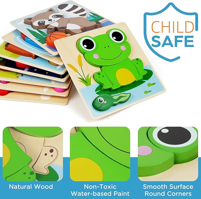 BenBen Wooden Puzzles for Toddlers 1-3, 8 Pack Animal Puzzles for Toddlers 2-4, Montessori Toys for 1 2 3 Year Old Boys Girls, Learning Educational Preschool Toys