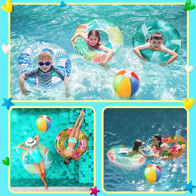 90shine 7PCS Luau Pool Floats: Hawaiian Swimming Rings with 13.5" Beach Balls - Inflatable Tubes Floaties Toys for Kids Adults