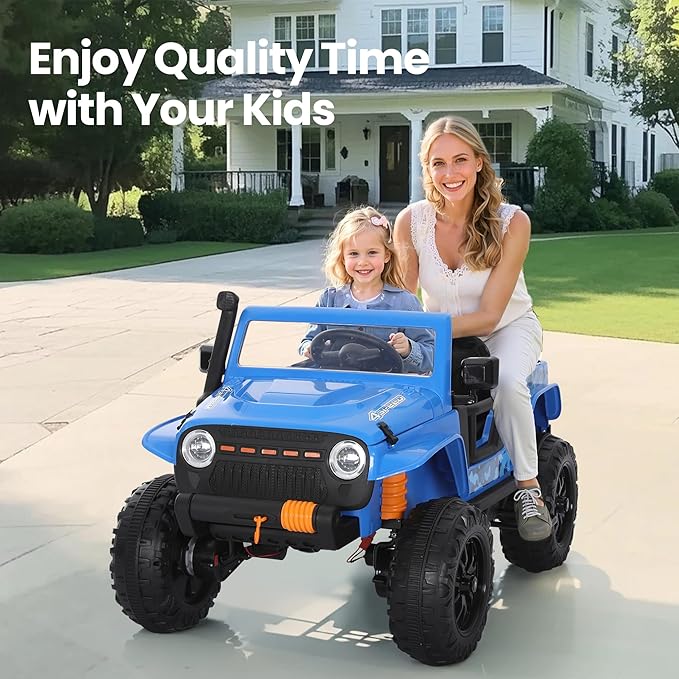 24V 4WD Ride on Jeep for Kids, Electric Ride on Car with Remote Control, LED Lights, Bluetooth Music, Off-Road Power Wheels, Toy Gift for Boys & Girls Ages 3+, Blue