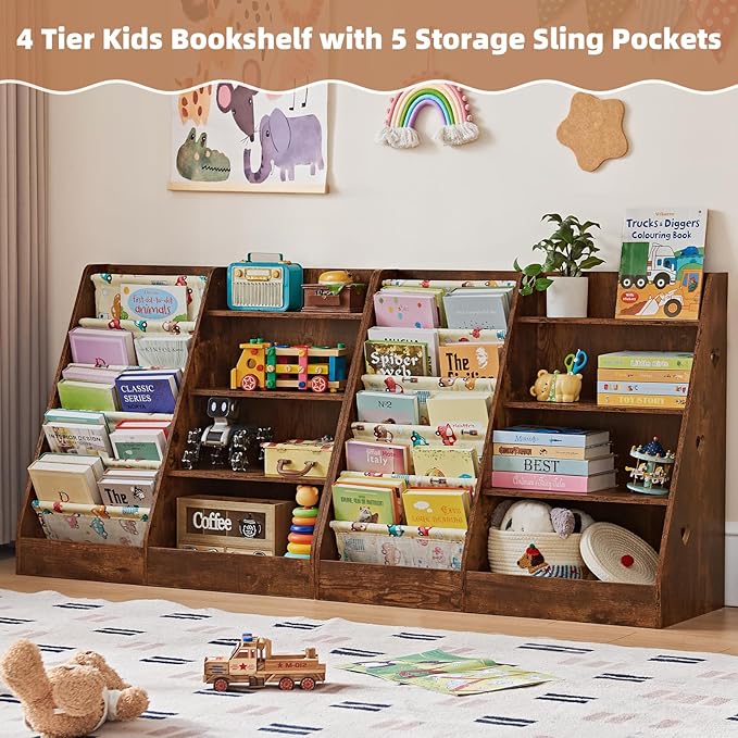 Lerliuo 4 Tier Kids Bookshelf and Storage Organizer, Five Layer Sling Children Bookcase, Baby Toddler Wooden Book Shelf, Display Cabinet for Playroom, Bedroom, Classroom, Nursery, School (Brown)