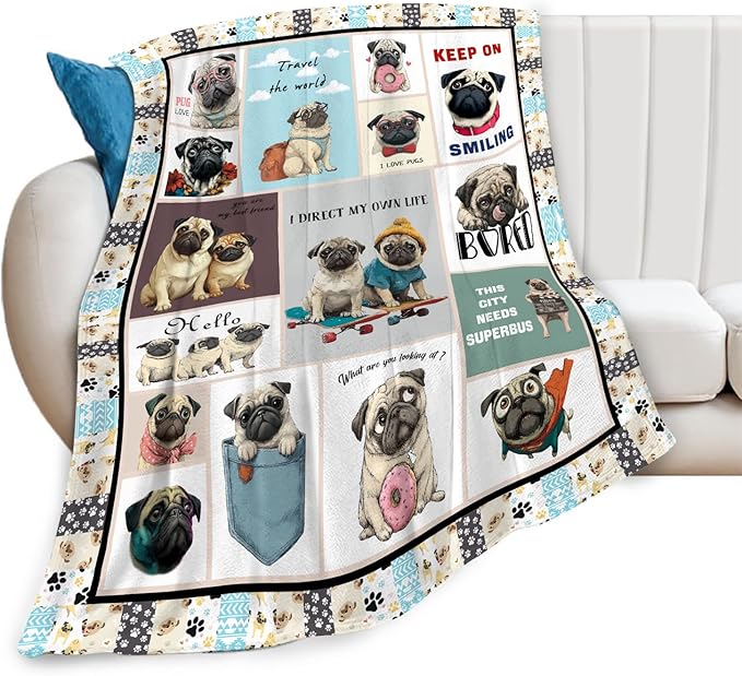 Pug Throw Blanket Pug Puppy Stuff Gifts for Dog Lover Kids Girls Boys Adults Women Men Soft Cozy Warm Plush Fluffy Fuzzy Fleece Blanket Decor 40''X50''