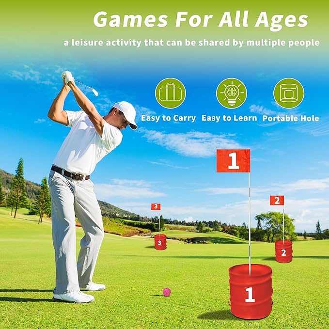 Golf Bucket Yard Game - 6 Hole Course With 2 Clubs, Balls and Flag for Adults and Family - Outdoor Lawn Chipping Games for Backyard, Beach, Park, Camping and Hotel