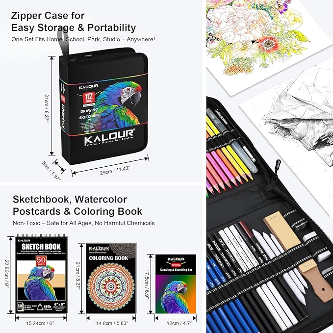 112 Drawing Set Sketching Kit, Pro Art Supplies with 3-Color Sketchbook & Coloring Book, Neon, Colored, Watercolor, Metallic, Graphite, Charcoal Pencils, Gift for Artists Adults Teens