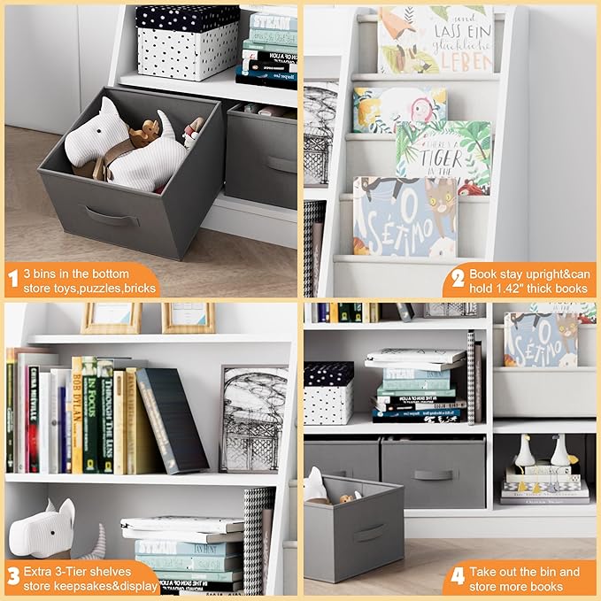 White Kids Bookshelf Wood Montessori Toy Storage Organizer Cabinet Shelf Child Bookcase Toddler Baby Sling Book Rack 3 Cube Bin Fabric Drawers for Playroom Bedroom Nursery School