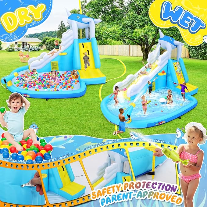 ROOJER Inflatable Water Slide Park for Kids Backyard 12-in-1 Blow Up Narwhal Spray Slide with 480W Blower, Splash Pool, Climbing Wall, Water Cannon, Basketball Hoop for Summer Outdoor Play Party Gift