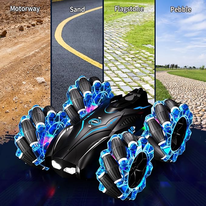 RC Gesture Sensing Stunt Car,2.4GHz 4WD Remote Control Car with Cool Light,Double Sided Rotating Off Road Vehicle 360° Flips Cars for 6-12 Year Old Boys Girls Birthday Presents(Blue)